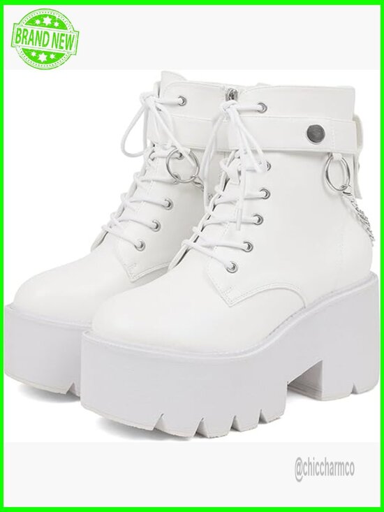 Shoes - Chunky Platform Ankle Boots with Wedge Heel Lace Up & Zipper Goth Punk Chain